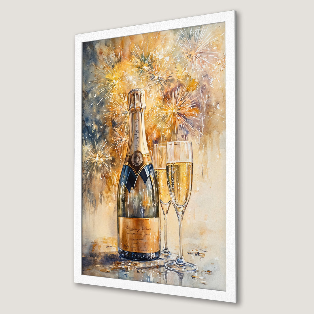 Framed Poster featuring champagne bottle, glasses, and fireworks in watercolor style, warm gold and blue color palette. Perfect for celebrations!