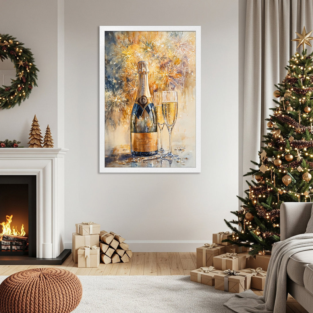 Framed Poster featuring a champagne bottle and glasses, watercolor style with gold, blue, and yellow tones. Perfect holiday decor!