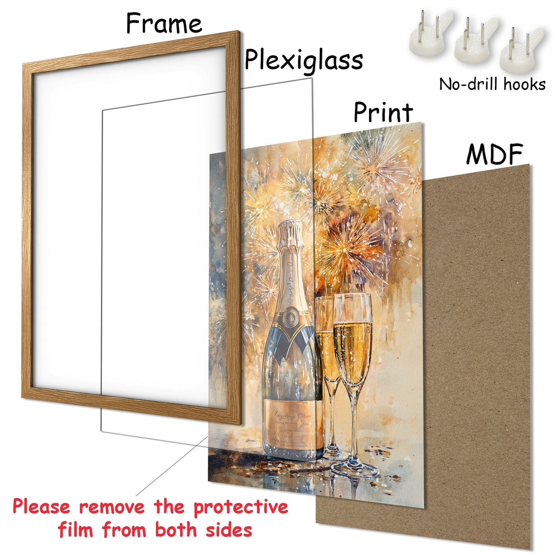Framed Poster of champagne bottle and glasses, watercolor style, warm gold and brown tones. Perfect for your home decor!