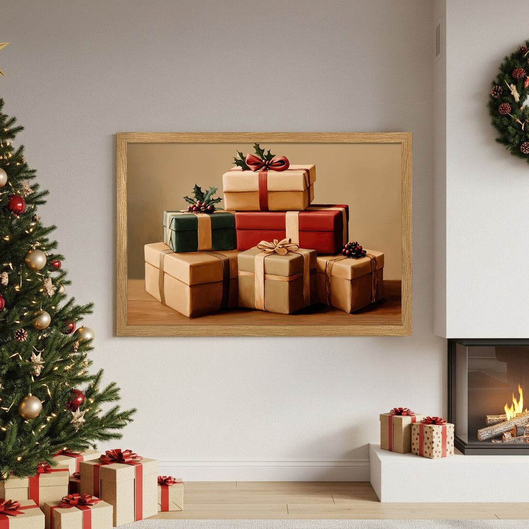 Framed Poster of Christmas gifts in warm tones, perfect holiday decor. Classic style with a cozy color palette.