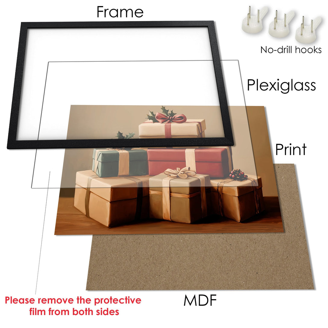 Framed Poster featuring a festive gift box illustration with warm tones, perfect for adding holiday cheer to your space.