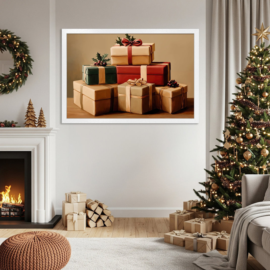 Framed Poster featuring a festive Christmas gifts painting, warm neutral palette. Perfect holiday decor!