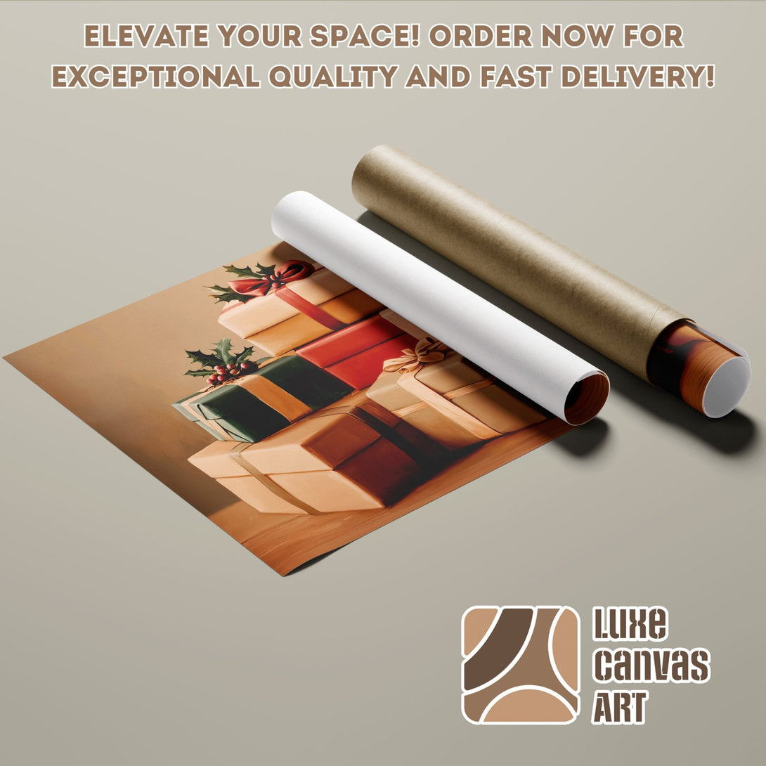 Poster Roll featuring a festive gift-themed painting in warm, earthy tones. Perfect wall art for your home!
