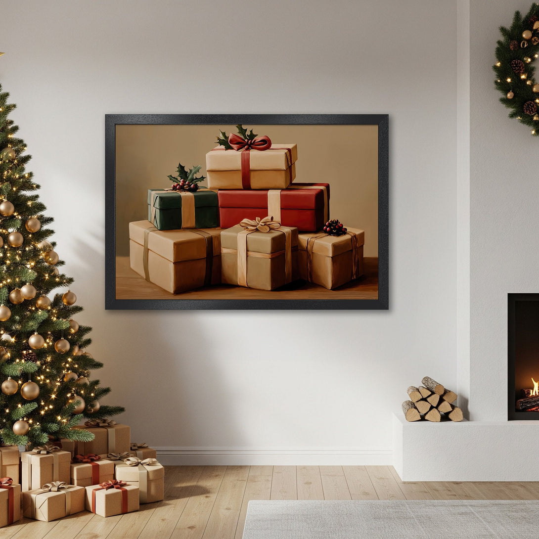 Framed Poster featuring a stack of gifts, warm tones, and a cozy holiday style. Perfect Christmas decor!