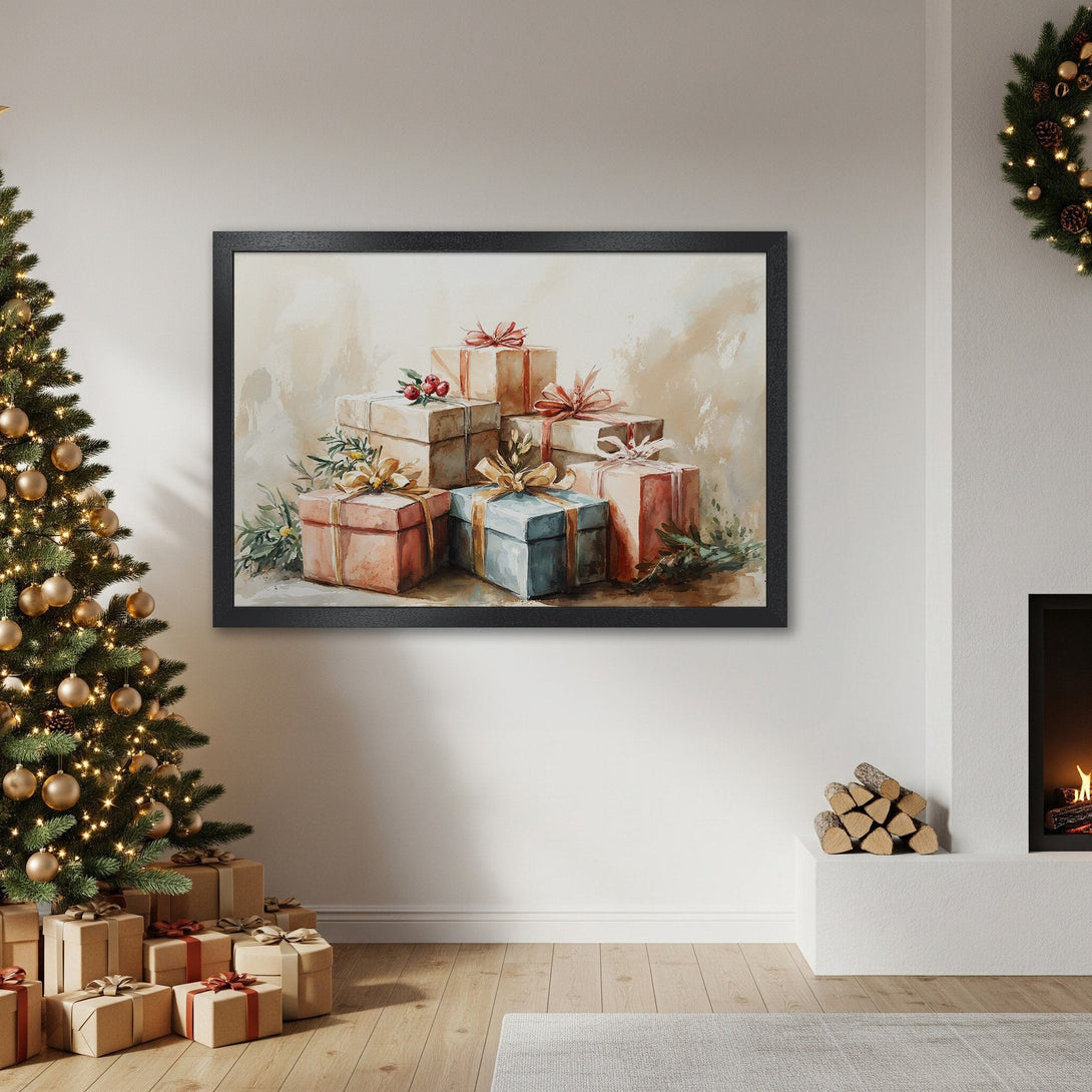 Framed Poster featuring watercolor gifts. Soft, warm color palette perfect for holiday decor. Add festive art to your home!