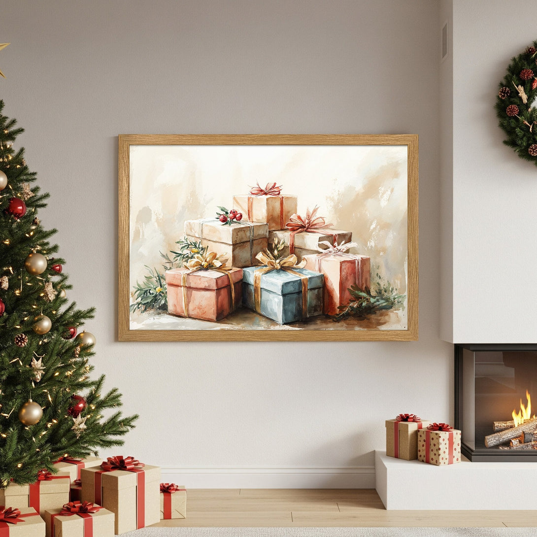 Framed Poster featuring watercolor gifts. Soft, warm color palette perfect for holiday decor. Add festive charm to your space with this Poster!