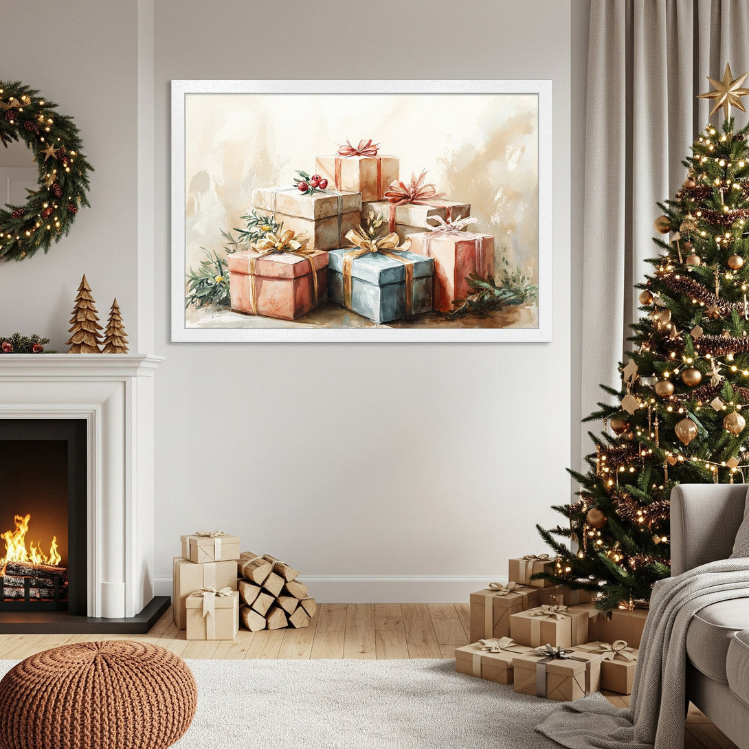 Framed Poster featuring watercolor gifts. Festive art in warm, neutral tones perfect for holiday decor.