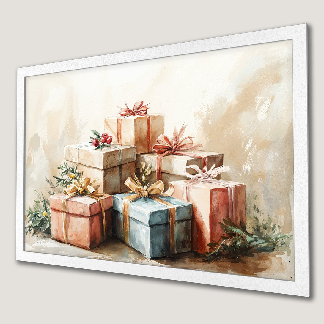 Framed Poster featuring watercolor gifts with warm, neutral tones and a touch of holiday cheer. Perfect for adding festive art to your home!