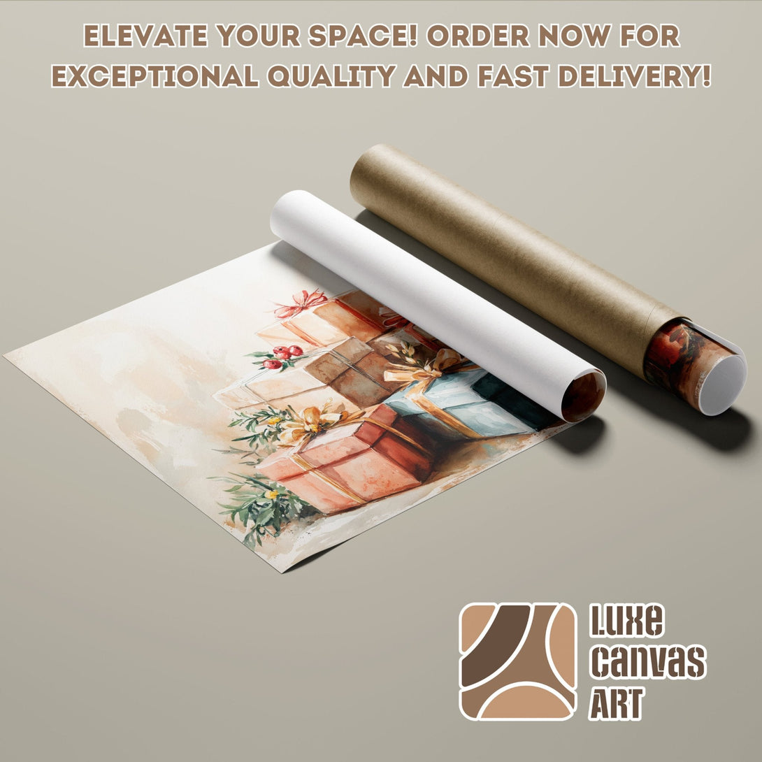 Watercolor Poster Roll with gifts in warm tones. Elevate your space with Luxe Canvas Art!