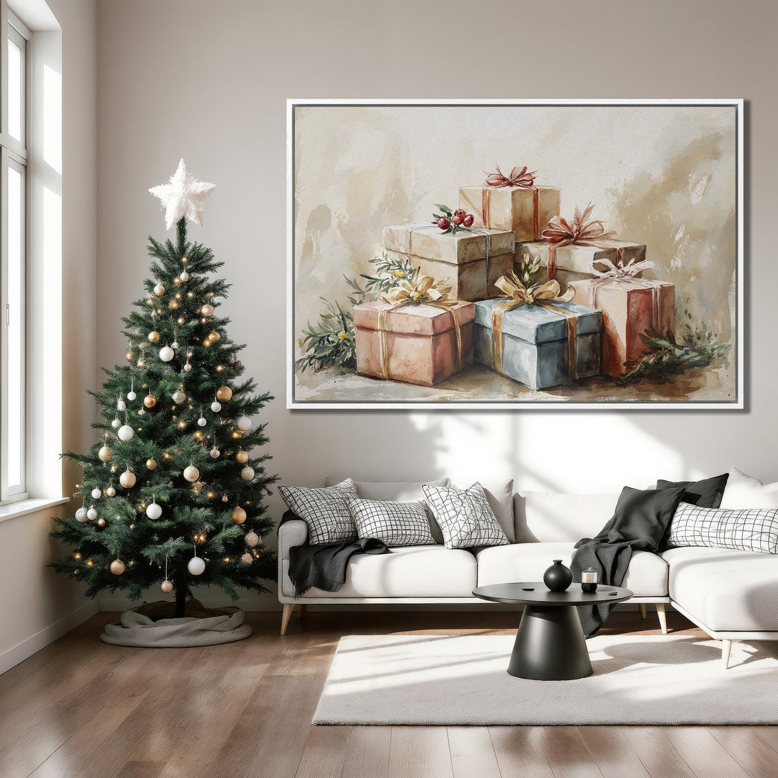 Framed Wall Art: Watercolor painting of Christmas gifts in warm tones. Perfect holiday decor for a cozy living room. Shop Canvas Prints today!