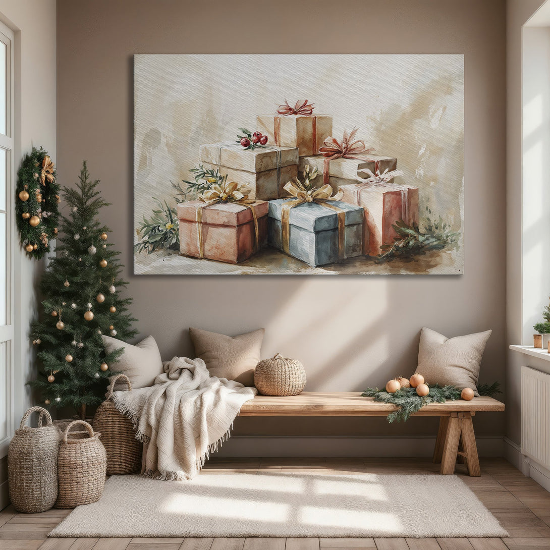 Framed Wall Art featuring watercolor gifts. Warm, neutral color palette perfect for cozy interiors. Add a touch of elegance to your home with this beautiful print!