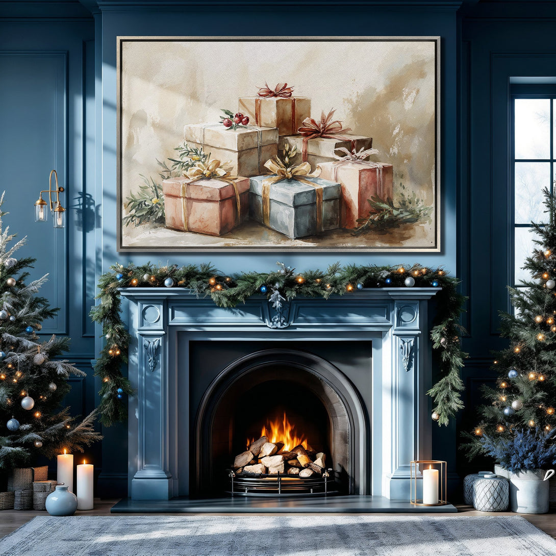 Framed Wall Art: Watercolor painting of gifts in a cozy, blue-toned interior. Perfect for holiday decor! Warm color palette.