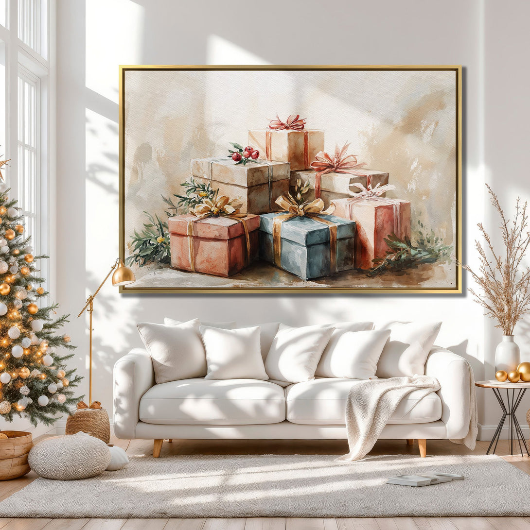 Watercolor Canvas Print of Christmas gifts in a warm, neutral color palette. Perfect holiday wall art for cozy interiors.