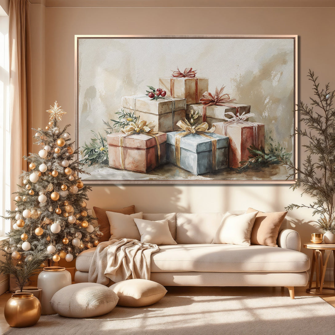 Framed Wall Art: Watercolor gifts in a warm, neutral palette. Perfect for adding cozy, festive charm to your home decor this holiday season.