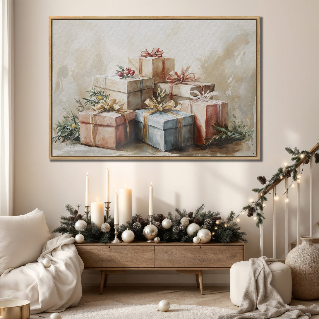 Framed Wall Art: Watercolor painting of gifts in neutral tones. Perfect for adding a touch of elegance and warmth to your home decor. Shop now!