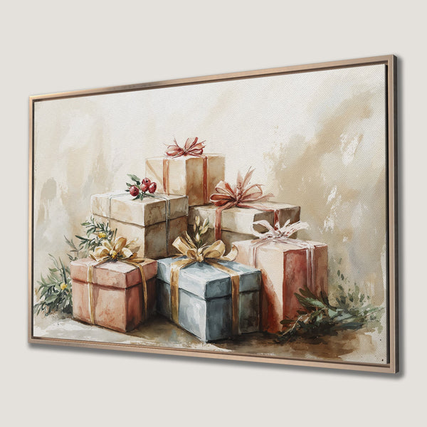 Framed Wall Art featuring watercolor gifts. Soft, warm color palette. Perfect for adding a touch of elegance to your home decor.