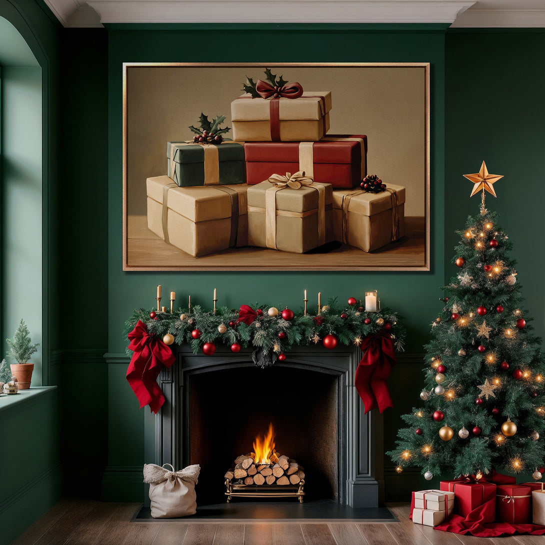 Framed Wall Art: Christmas gifts in a cozy interior. Classic style with a warm, inviting color palette of greens, reds, and golds. Perfect holiday decor!
