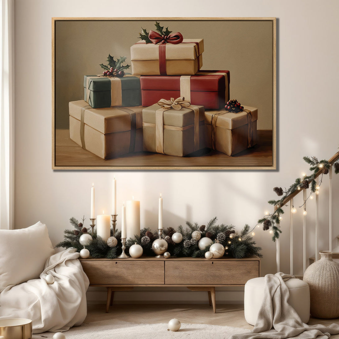 Framed Wall Art featuring a still life of Christmas gifts. Warm, neutral color palette with touches of red and green. Perfect for holiday decor.