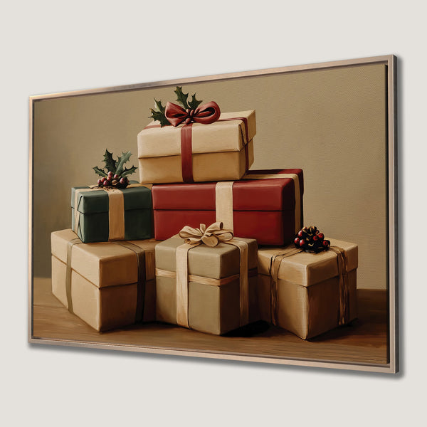 Framed Wall Art: Festive gift boxes in warm tones. Classic style canvas print perfect for holiday decor. Rich reds, greens, and golds.