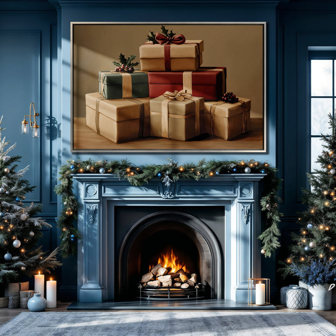 Framed Wall Art: Festive gift stack canvas print in a cozy, blue-toned interior. Warm, neutral tones contrast the cool palette, perfect for holiday decor.