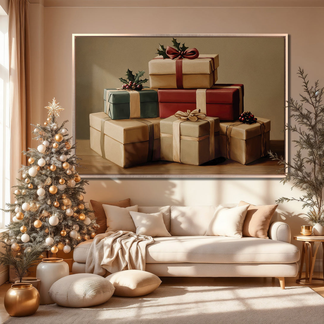 Framed Wall Art featuring a stack of gifts in neutral tones. Perfect for holiday decor! Warm, inviting color palette for a cozy living room.