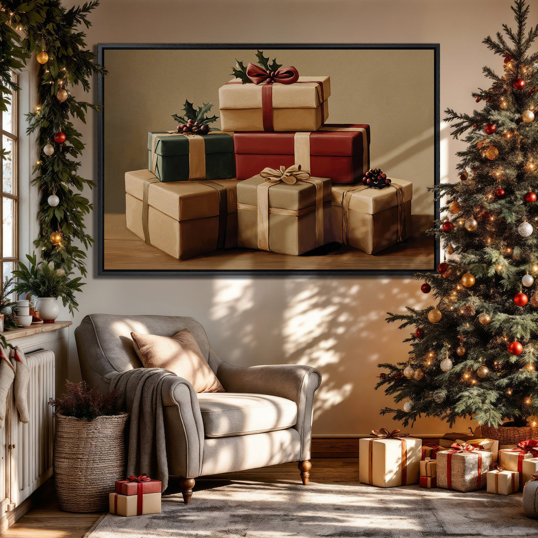 Framed Wall Art featuring a stack of Christmas gifts in warm tones. Cozy interior with a Christmas tree, perfect for holiday decor.