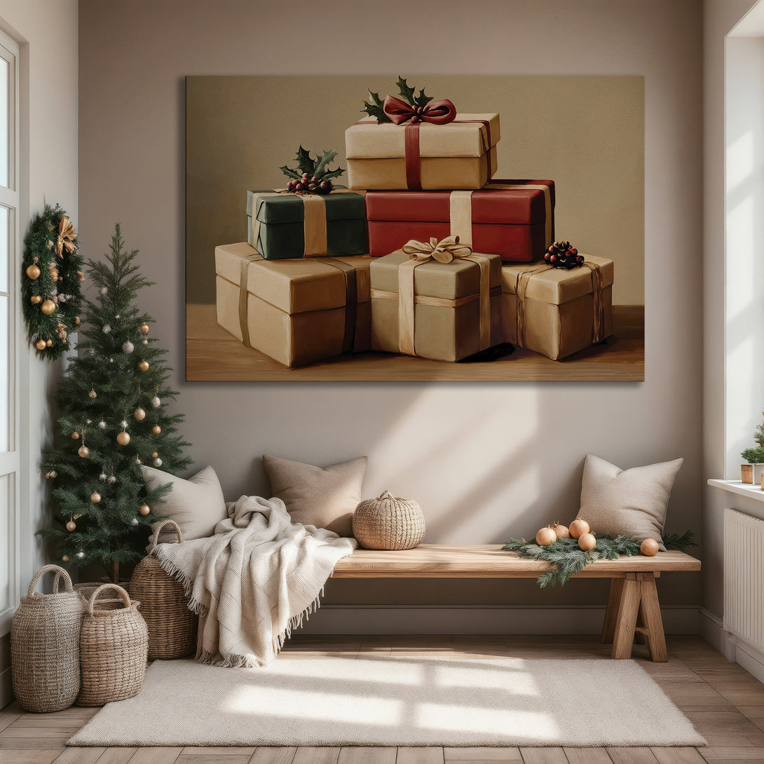 Framed Wall Art: Festive gifts painting in warm tones. Perfect holiday decor. Adds a touch of cozy elegance to any room. Shop now!