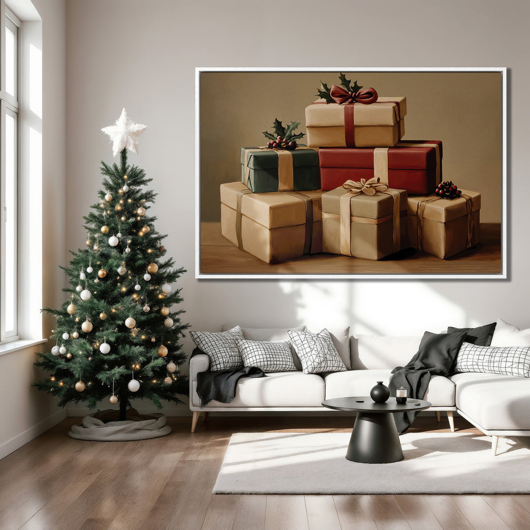 Framed Wall Art of Christmas gifts in warm tones. Rustic style canvas print adds cozy holiday charm to any living room. Perfect Christmas decor!