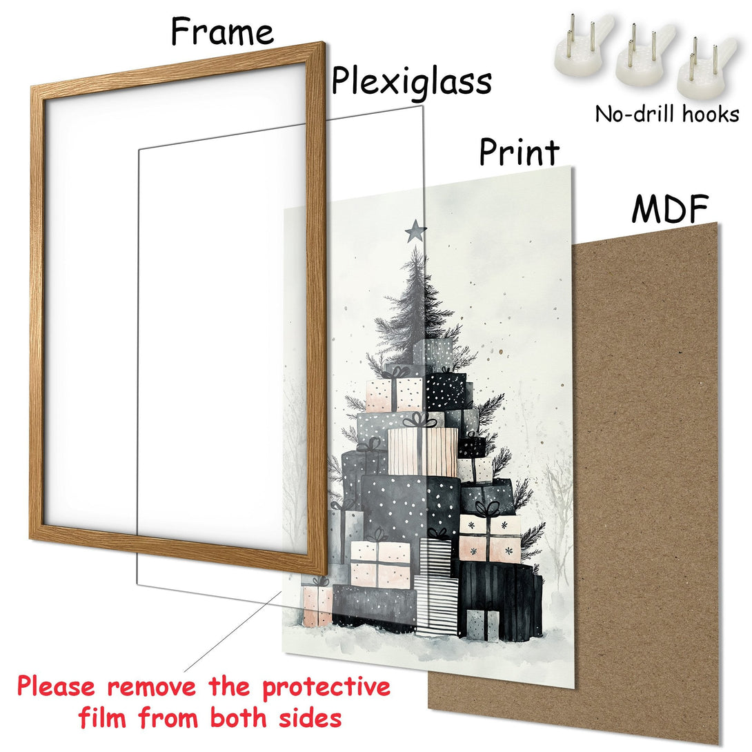 Framed Poster featuring a watercolor Christmas tree in a neutral color palette. Perfect holiday decor!