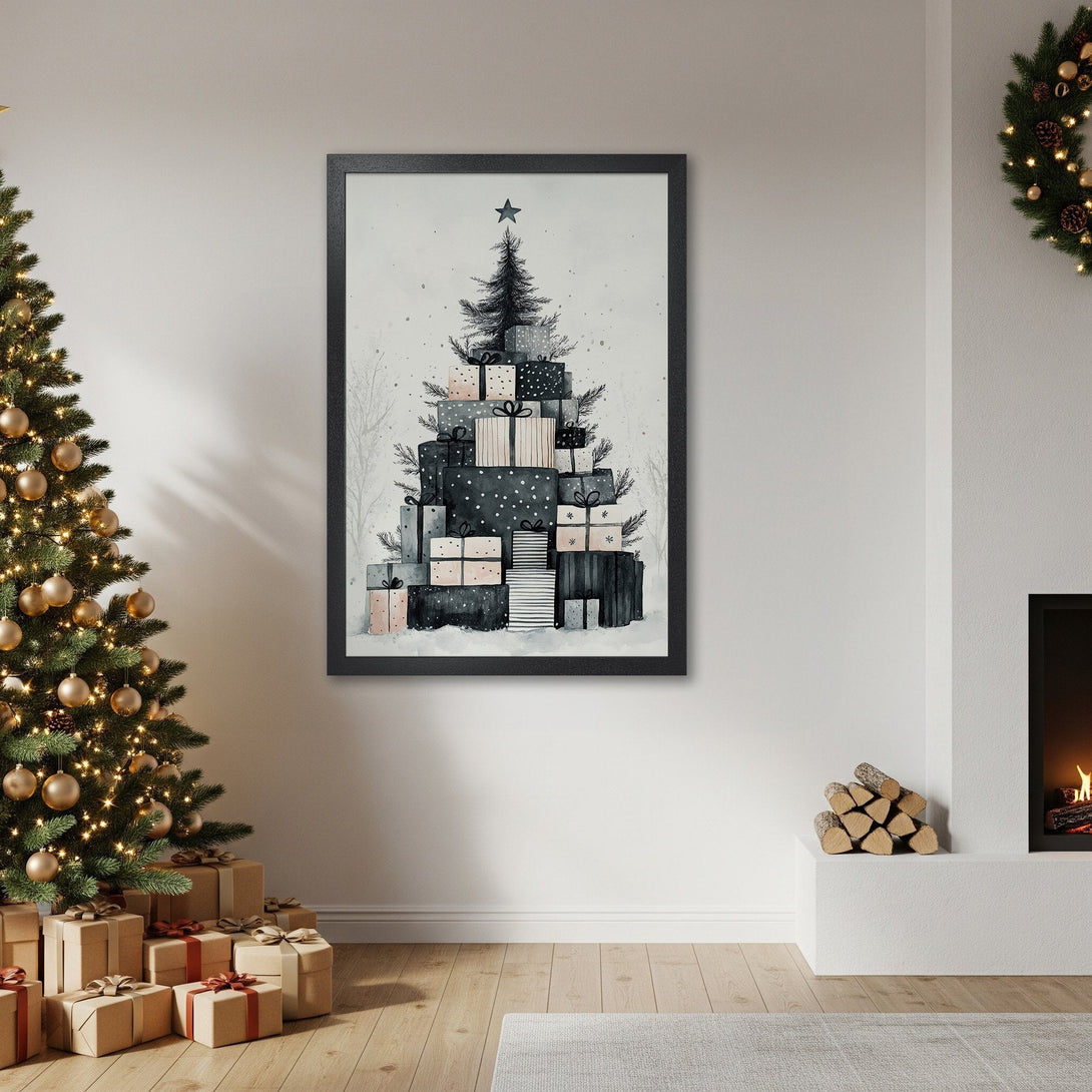 Framed Poster featuring a watercolor Christmas tree made of gifts, neutral color palette, perfect holiday decor.