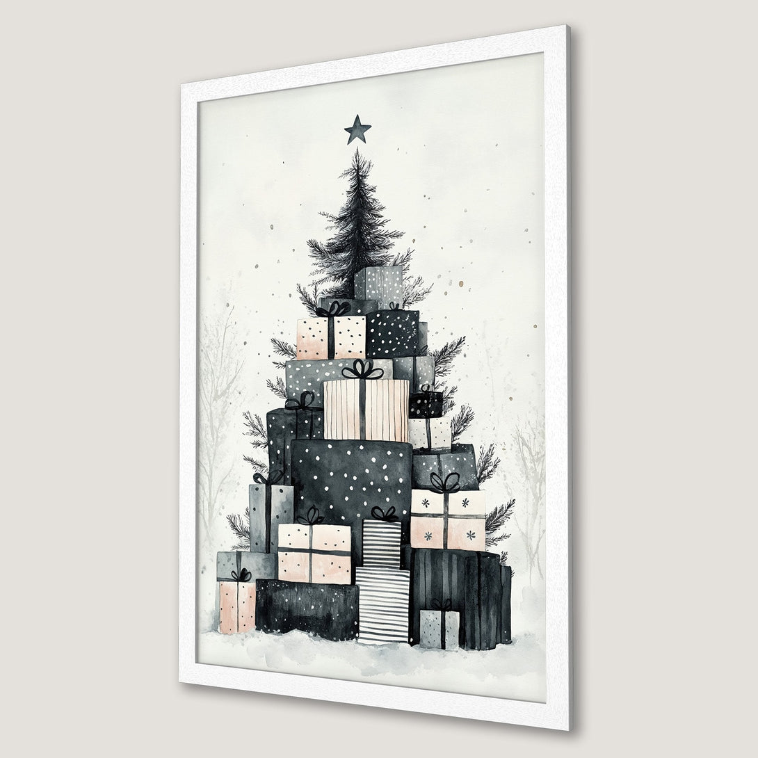 Framed Poster featuring a watercolor Christmas tree made of gifts. Black, white, and blush pink color palette. Perfect holiday decor!