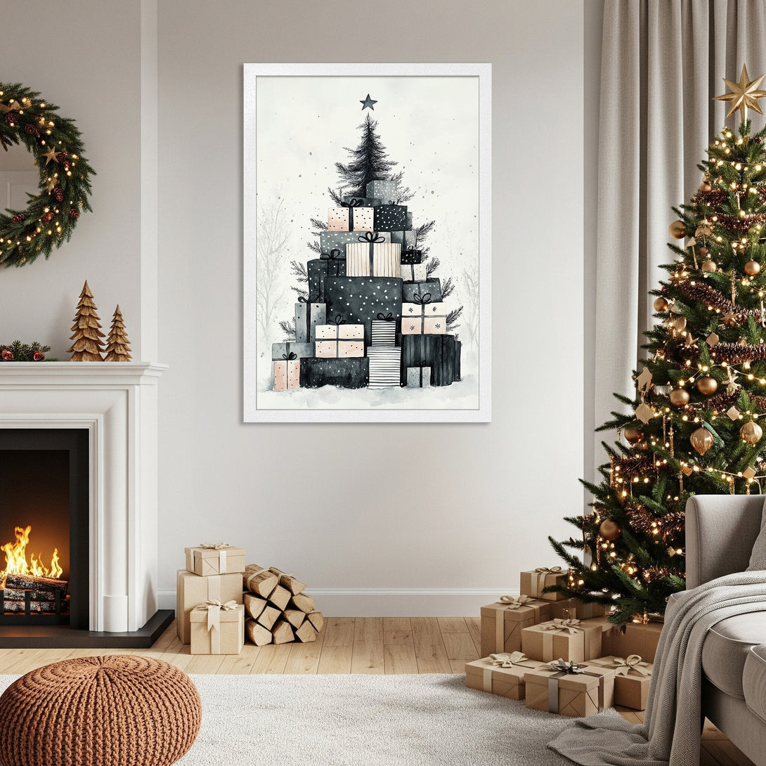 Framed Poster featuring a watercolor Christmas tree made of gifts. Modern style, black, white, and blush color palette. Perfect holiday decor!