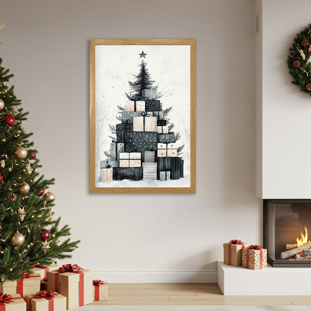 Framed Poster featuring a watercolor Christmas tree made of gifts. Neutral color palette, perfect holiday decor.