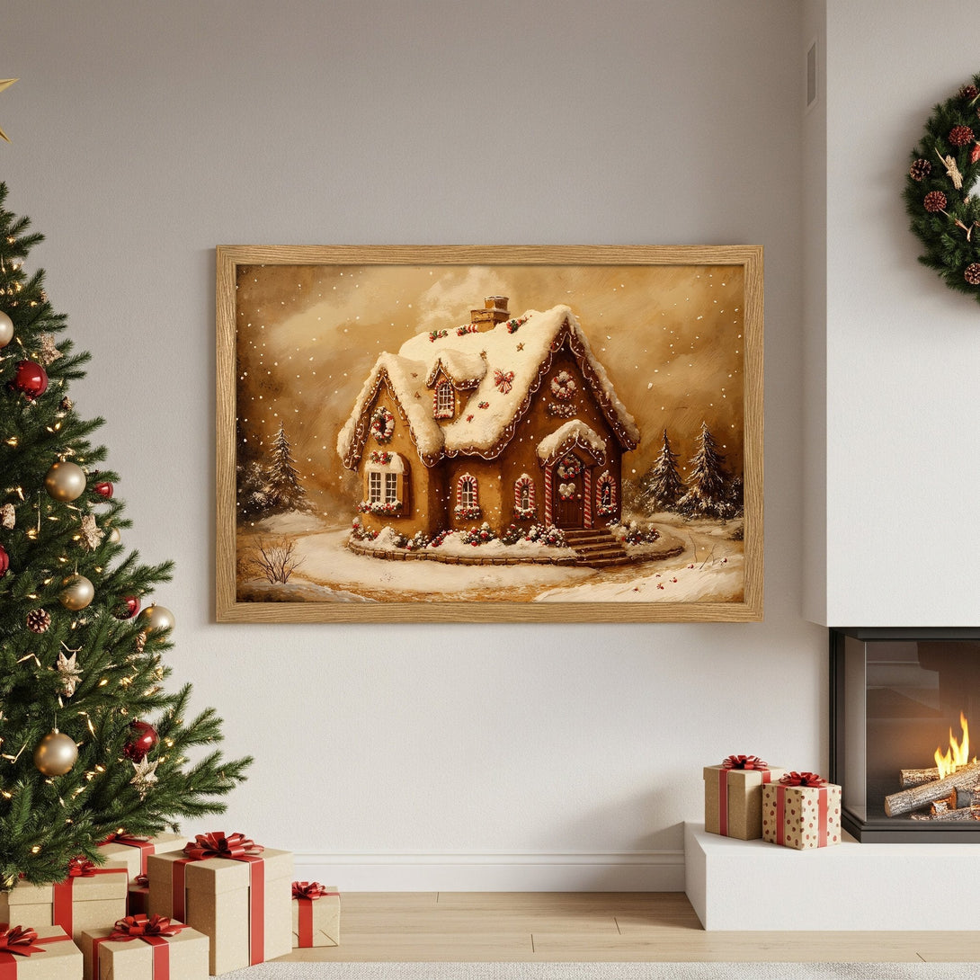 Framed Poster featuring a festive gingerbread house in a warm, sepia-toned color palette. Perfect Christmas decor!