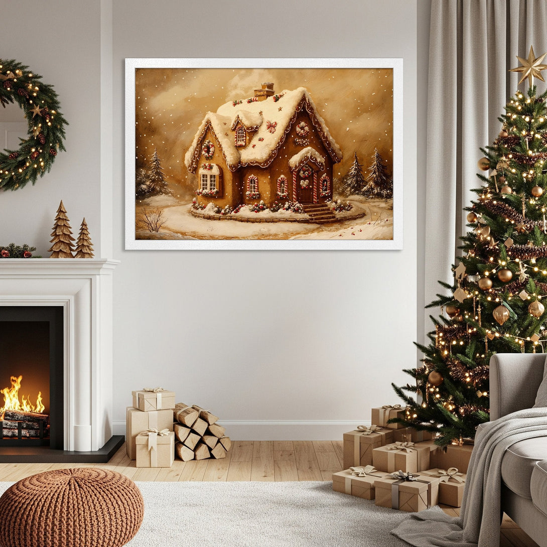 Framed Poster of a cozy gingerbread house in a warm, inviting color palette. Perfect Christmas decor!
