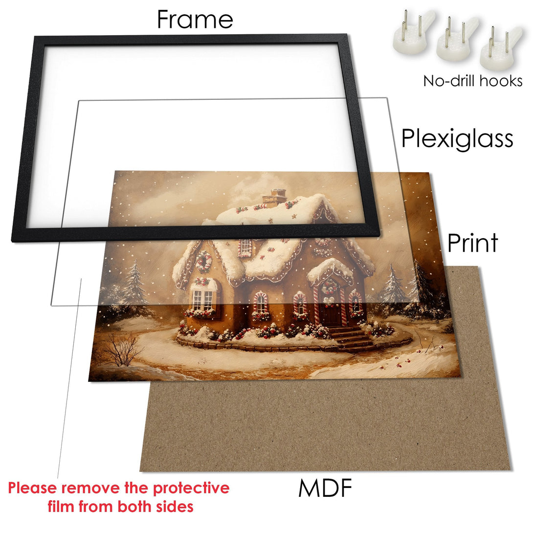 Framed Poster of a cozy winter gingerbread house, warm color palette, perfect holiday decor.