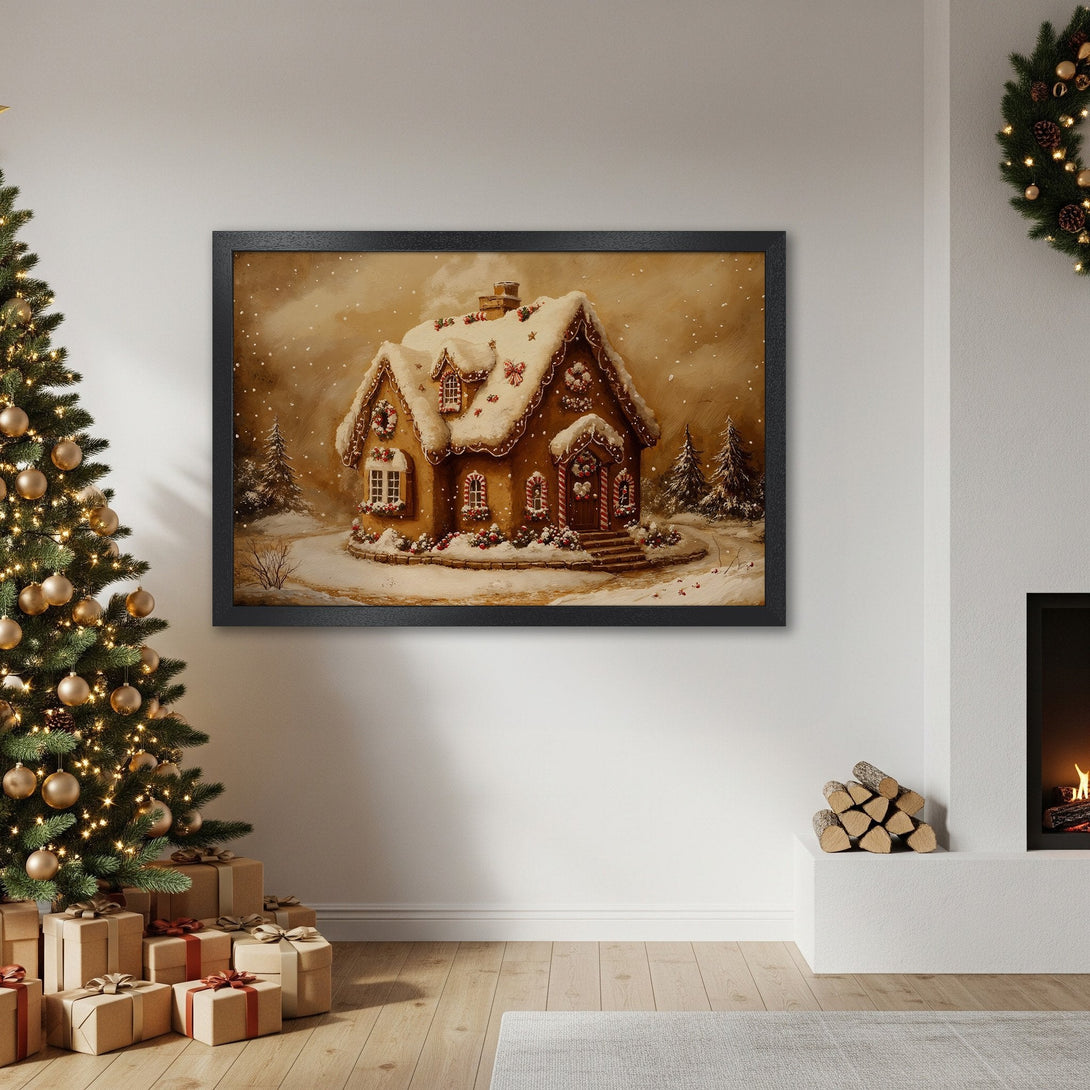 Framed Poster of a charming gingerbread house in a winter scene, warm brown tones, perfect holiday decor.