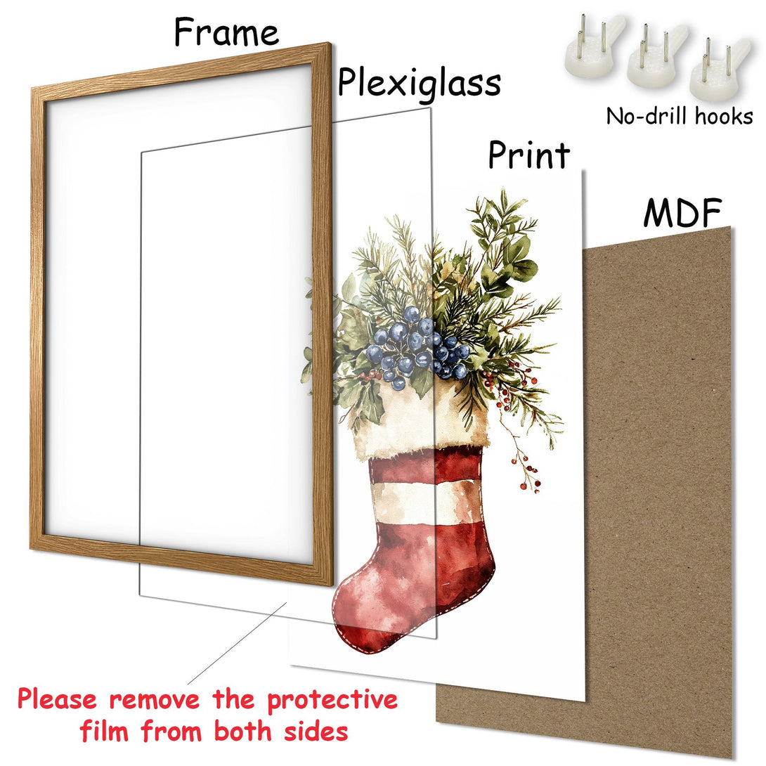 Framed Poster featuring a watercolor Christmas stocking with greenery, berries, and a warm red and green palette. Perfect holiday decor!