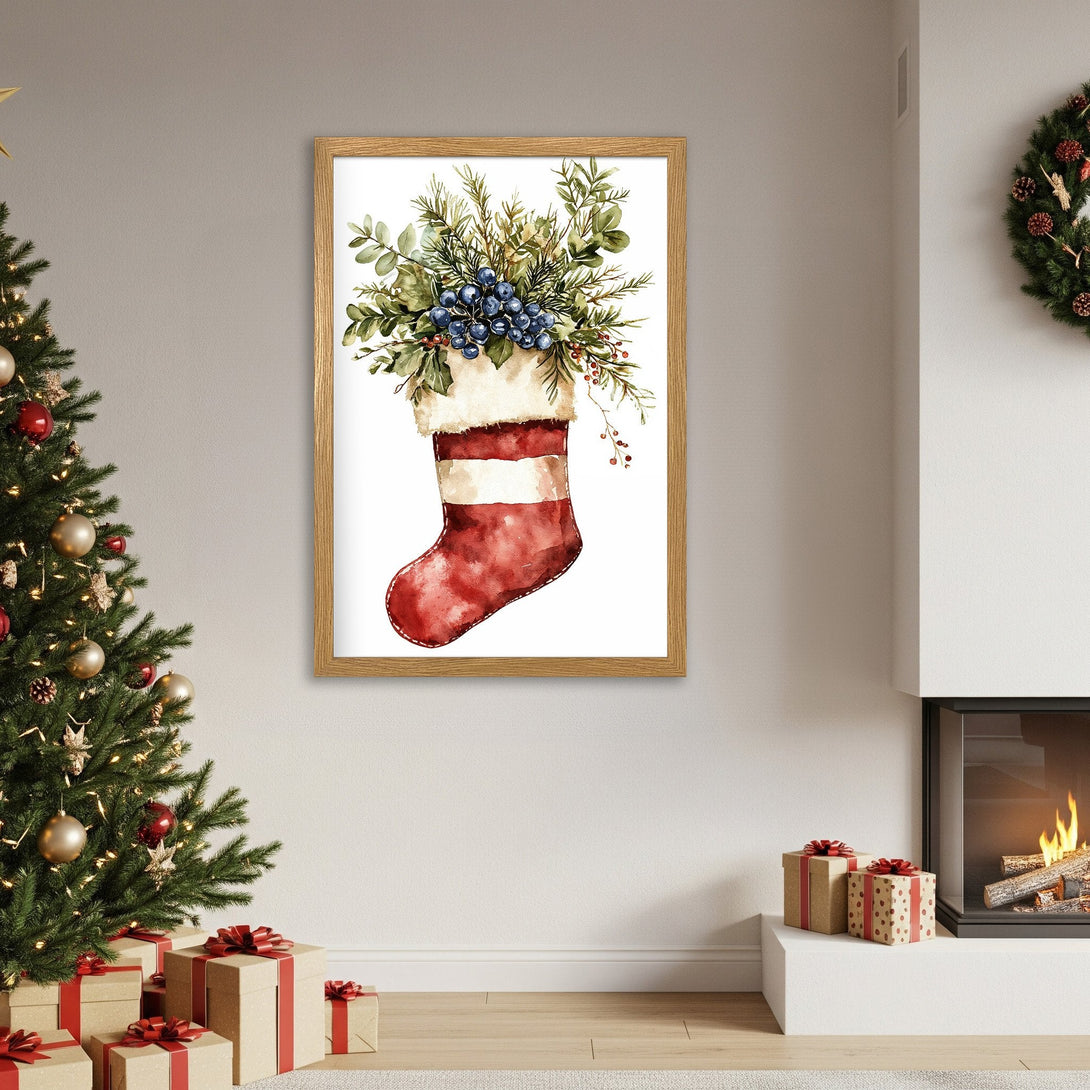 Framed Poster featuring a watercolor Christmas stocking with greenery and berries. Festive red, green, and white color palette. Perfect holiday decor!