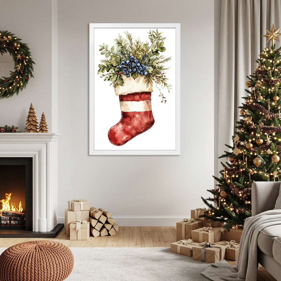Framed Poster featuring a watercolor Christmas stocking with greenery. Warm red, green, and white color palette. Perfect holiday decor!