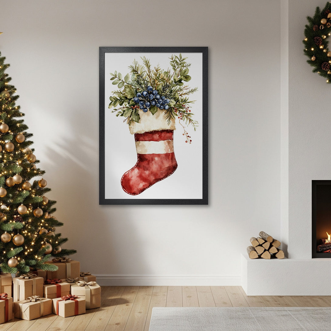 Framed Poster featuring a watercolor Christmas stocking with greenery, berries. Warm red, green, and white color palette. Perfect holiday decor!