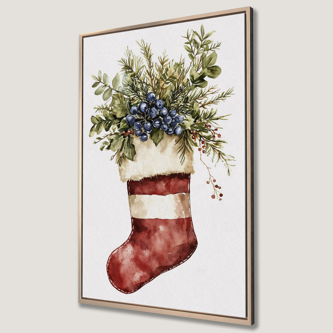 Framed Wall Art: Watercolor Christmas stocking with greenery and berries. Rustic style, warm red, green, and white color palette. Perfect holiday decor.