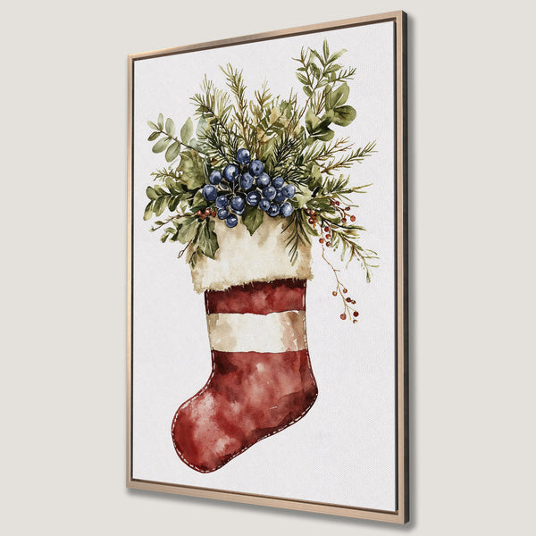 Framed Wall Art: Watercolor Christmas stocking with greenery and berries. Rustic style, warm red, green, and white color palette. Perfect holiday decor.