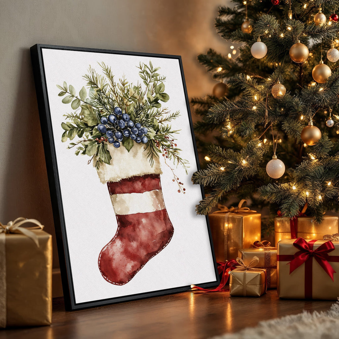 Framed Wall Art: Watercolor Christmas stocking print with berry and foliage, warm red, green, and gold tones, perfect holiday decor.