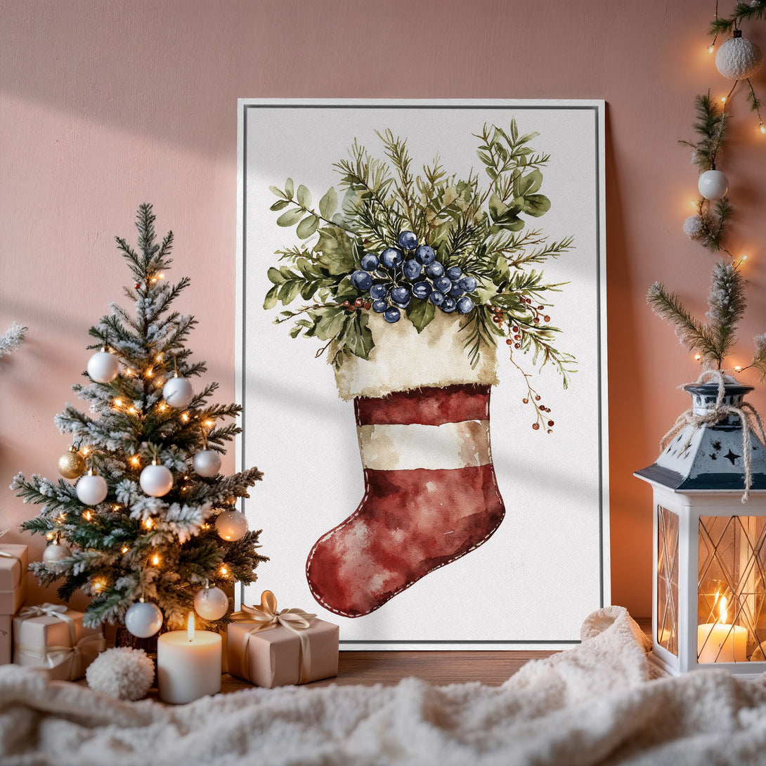 Framed Wall Art: Watercolor Christmas stocking print with berries & greenery. Warm red, green, and cream palette. Perfect holiday decor.