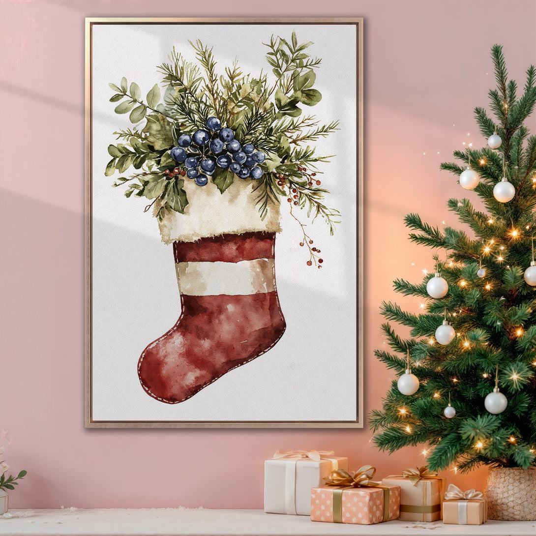 Framed Wall Art: Watercolor Christmas stocking print with botanical details in red, green, and white. Perfect holiday decor for a cozy, festive home.