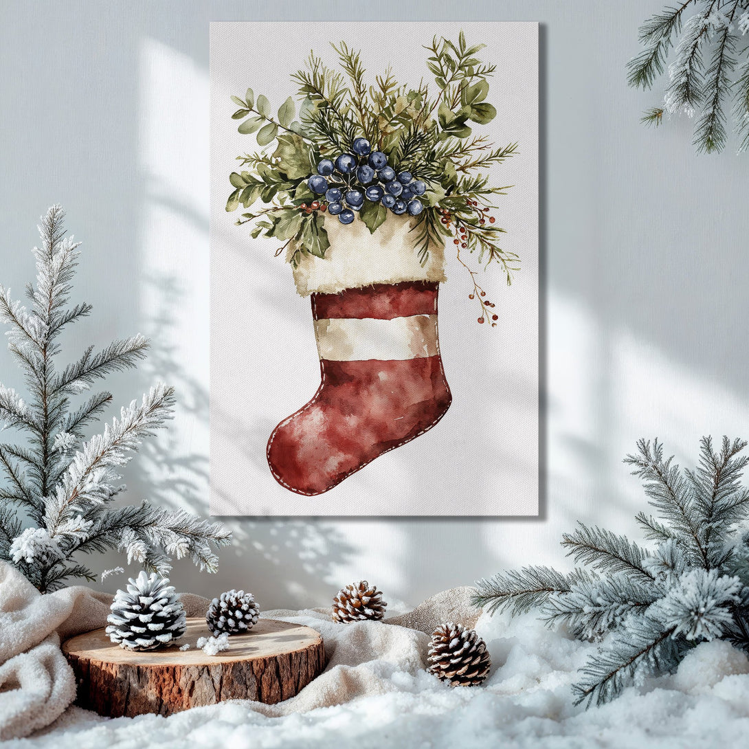 Framed Wall Art: Watercolor Christmas stocking print in red, green, and gold. Festive holiday decor for your home.