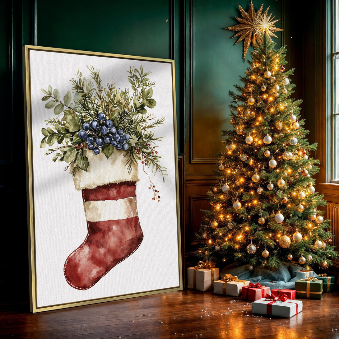 Canvas Print of a watercolor Christmas stocking with greenery and berries, warm red and green palette. Perfect holiday wall art!