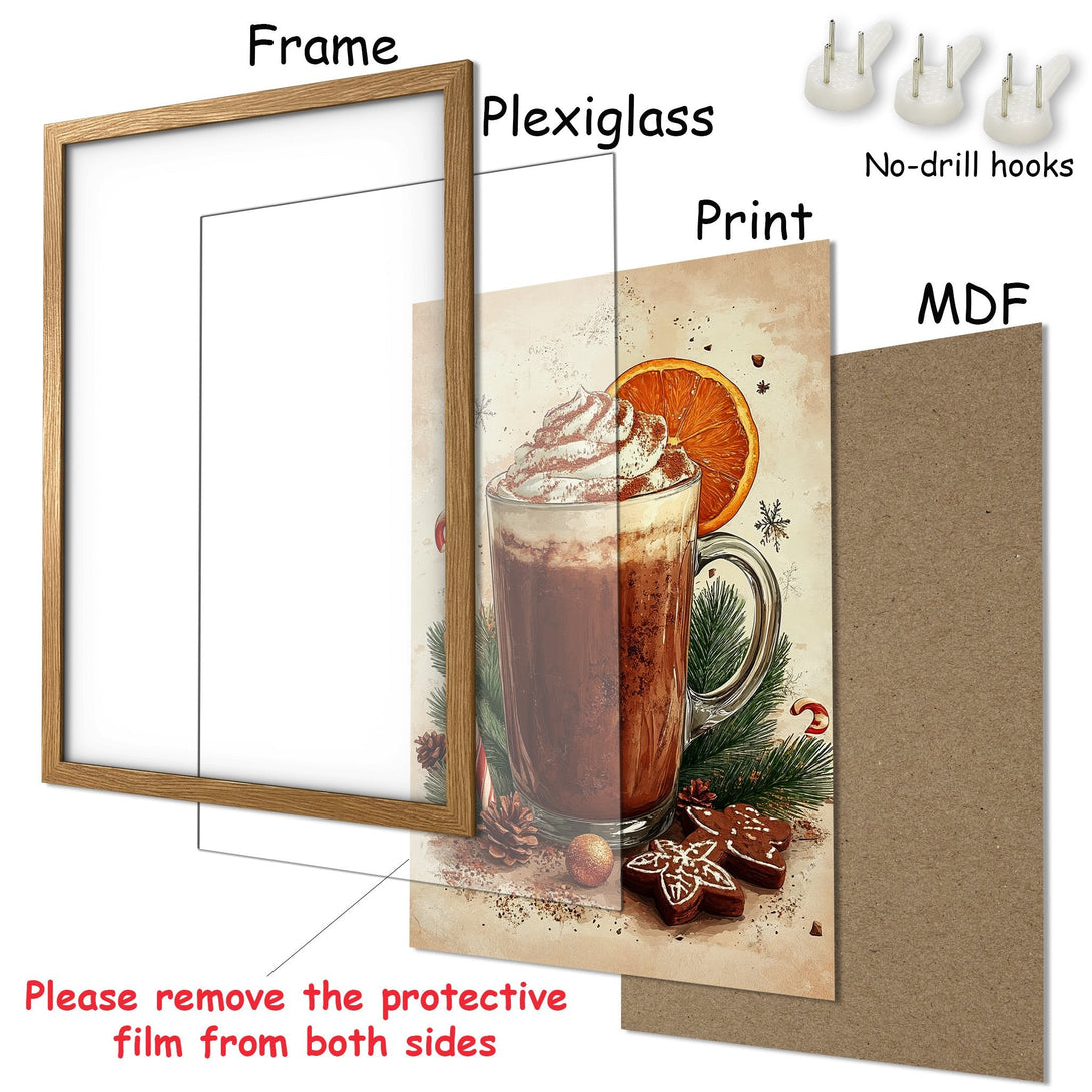 Framed Poster featuring a cozy cocoa illustration in warm tones. Perfect wall art for your kitchen or dining room.
