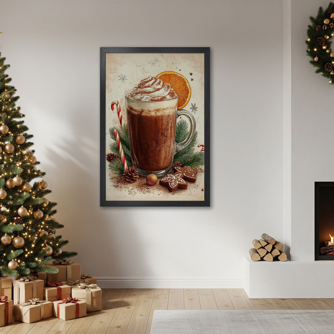 Framed Poster of festive hot chocolate, warm colors, Christmas decor. Perfect holiday wall art!